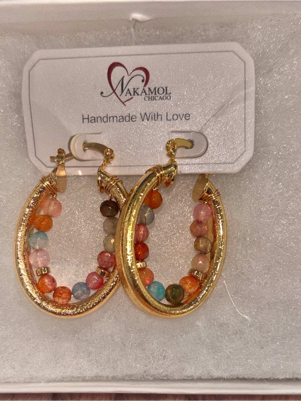 New 2" Genuine Gemstone Yellow Gold-Tone Metal Nakamol Chicago Hoop Earrings!